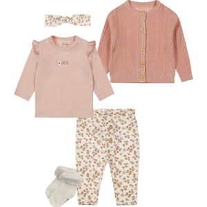 Dirkje - Basic Collection - BIO COTTON - Broek met bloemetjes - Shirt met printje - Vest ajour steek - Haarband pink- Shirt met bloemen - haarband - Maat 80