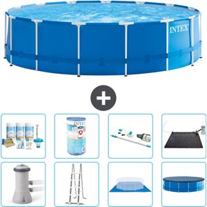 Intex Rond Frame Zwembad - 457 x 122 cm - Blauw - Inclusief Pomp - Ladder - Grondzeil - Afdekzeil Onderhoudspakket - Filter - Stofzuiger - Solar Mat