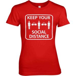 Dames Fun Tshirt -S- Keep Your Social Distance Rood
