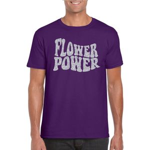 Paars Flower Power t-shirt met zilveren letters heren - Sixties/jaren 60 kleding XL