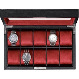 Lederen horlogedoos met 10 sleuven - luxe horlogekast display sieradenorganizer - vergrendelende horlogevitrine houder - groot glazen blad - horlogedoos organizer - mannen - vrouwen