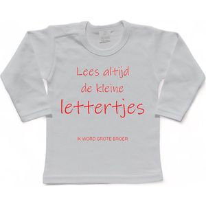 Shirt Aankondiging zwangerschap ""Lees altijd de kleine lettertjes (ik word grote broer)"" | lange mouw | Wit/rood | maat 80 zwangerschap aankondiging bekendmaking Baby big bro brother