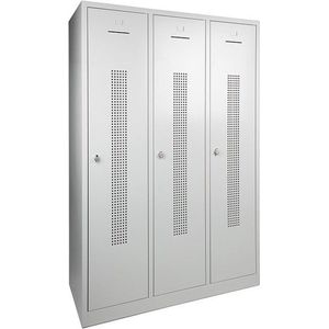 Garderobekast perfo deur met scheiding t.b.v. schoon/vuil indeling 3 deurs 180 hoog 120 breed 50 diep Grijs met hangoog sluiting (exl. hangslot) op pootje