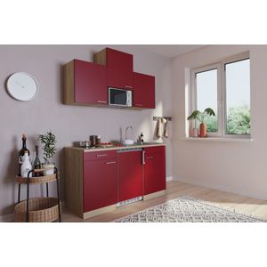 Goedkope keuken 150  cm - complete kleine keuken met apparatuur Luis - Eiken/Rood - keramische kookplaat  - koelkast  - magnetron - mini keuken - compacte keuken - keukenblok met apparatuur