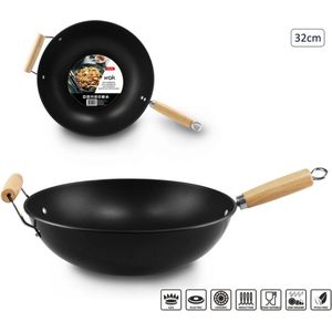 Professionele Wokpan - 32 cm Diameter - Zwart/Hout - Premium Anti-aanbak Technologie - Geschikt voor Alle Kookplaten, inclusief Inductie