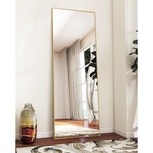144 × 45 cm staande spiegel, grote full-body spiegel met aluminium frame voor slaap-, woon- en badkamerspiegel, goud