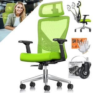 KESSER® Bureaustoel | Ergonomische Bureaustoelen voor Volwassenen | verstelbare rugleuning | in hoogte verstelbaar | Hoofdsteun & Lendensteun | office Chair met 5x rubberen wielen - Groen / Zilver