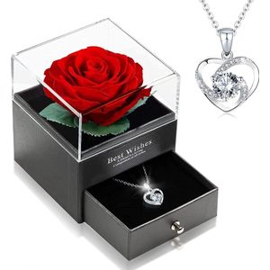 Eeuwige Bloem + Sieraden Doos + Rose Hartjes Ketting - Eeuwige Roos Cadeau voor Vrouw- Verjaardag Cadeau Vriendin - Romantisch Cadeau - Huwelijksaanzoek - Liefde - Valentijn -