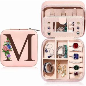 Sieradendoosje met initiële letter M, juwelenkistje met bloem, klein reis-sieradenkistje met spiegel
