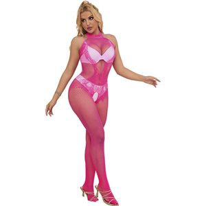 SUBBLIME - 952389 VISNET EN KANTEN KRUISLOZE BODYSTOCKING MET HOGE HALS ROZE ONE SIZE | CATSUIT | EROTISCHE CATSUIT | LINGERIE | SEXY LINGERIE | EROTISCHE LINGERIE