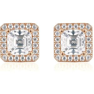 Tetrona - 18k Roségouden Asscher Moissanite Oorknopjes in Halo Zetting