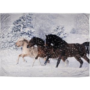 Plaid 130x170 cm Bruin Blauw Polyester Rechthoek Paarden Deken