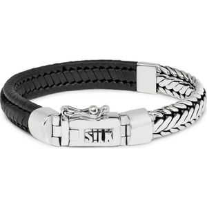 SILK Jewellery - Zilveren Armband - Zipp - 193BLK.21 - zwart leer - Maat 21
