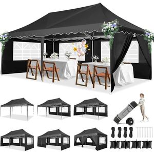 Partytent – Tuinpaviljoen – Evenemententent – Overkapping – 3x6 Meter – Staalframe – Waterdicht Met Zijwanden - Zwart