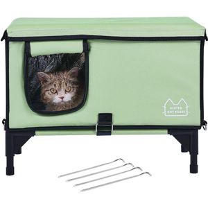 Verhoogd Verwarmd Kattenhuis Van, Rechthoekig Kattenhuisje met Instelbare Temperatuur En Timer, Opvouwbaar 900d Oxford-Weefsel, Verwarmd Kussen voor Warmte En Comfort In De Winter, Groen