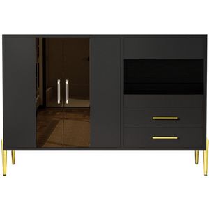 Buffetkast Opbergkast Bai Nian Gui met 1 open opbergvak 3 lades en 2 houten deuren met deels gehard glas geschikt voor eetkamer en woonkamer 120×39,5×84 cm zwart