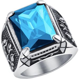 Victorious Zilveren Ring Blauw Kristal Heren – Zegelring - Maat 64 (20.5mm)
