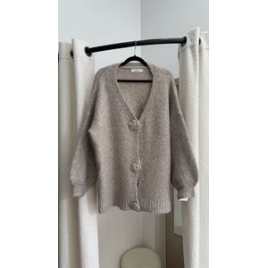 Vest- wol- maat M-L- V- hals- sleeve mouwen- korte dames vest- damesvest- cardigan- knopen- oversized- korte damesvest- taupe-taupe vest- wintervest- warm- korte wintervest-oversized - sierknopen