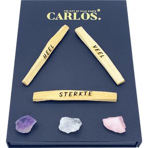 Luxe giftset PALO SANTO met gegraveerde boodschap HEEL VEEL STERKTE + 3 edelstenen: amethist, bergkristal, rozenkwarts.