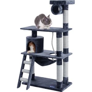 Feandrea PCT63G - Krabpaal - Krapmeubelen - Krabpaal voor Katten - Kattenboom - Donkergrijs -Krabpaal met hangmat en trap - hoogte 140 cm - Verdikte sisalstammen tot Ø 8,6 cm