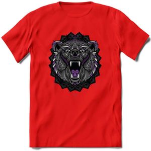 Beer - Dieren Mandala T-Shirt | Paars | Grappig Verjaardag Zentangle Dierenkop Cadeau Shirt | Dames - Heren - Unisex | Wildlife Tshirt Kleding Kado | - Rood - S