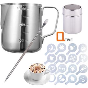 Q-time Luxe RVS Cappuccino / Cacao Poeder Strooier Set - Cacaostrooier Busje - Art pen - Melkkannetje 350ml / Cacao Sjablonen & Barista Latte Art Tools
