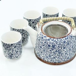 Kruidenthee Servies - Blauw Patroon - Theepot Met Metalen Zeef + 6 kopjes
