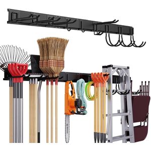 TOJ - Gereedschapshouder - Mat Zwart - Tuingereedschap / Bezem Ophangsysteem - 3 Basisrails + 9 Haken - 120CM - Metaal