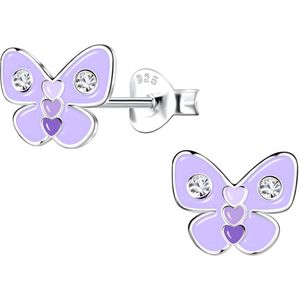Joy|S - Zilveren vlinder oorbellen - 9 x 7 mm - lila paars - met 3 hartjes - kristal - kinderoorbellen