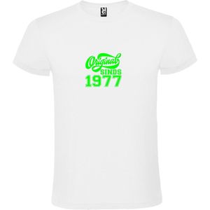 Wit T-Shirt met “Original Sinds 1977 “ Afbeelding Neon Groen Size S