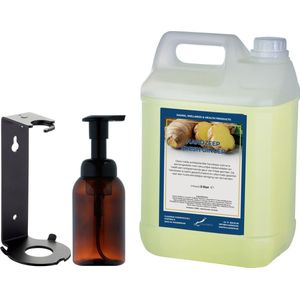 Zeepdispenser 300 ml amber bruin hervulbaar + 5 liter Handzeep Fresh Ginger navulling (inclusief beugel)