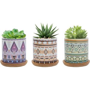 Vetplantenbak van 7,5 cm, keramische cactusplanter met kleurrijk patroon, kleine plantenpot voor binnen en buiten met bamboeschotel, set van 3