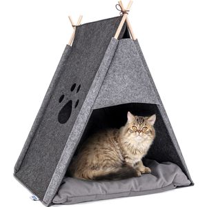 Nobleza Kattenmand tipi - 59x50x70cm - Kattentent - Kattenhuis - Kattenhol - Vilt met houten stokken - Grijs