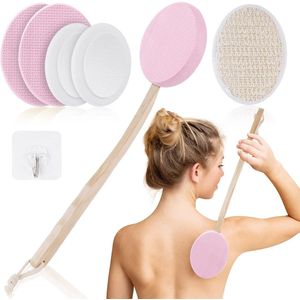 TRANKIELO® – Veelzijdige Lichaamsborstel met Lange Houten Handgreep – Rugcrème-applicator – Rug Schrobber voor Zelf Toepassing – Douche Borstel met 4 Pads en Haak – Roze