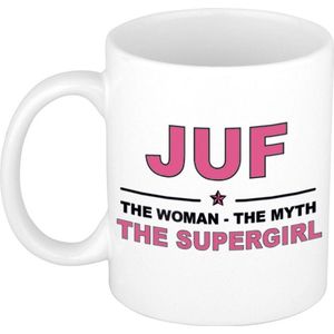 Juf the Woman, the myth, the supergirl cadeau koffiemok / theebeker 300 ml - verjaardag / bedankje - cadeau juf / lerares / onderwijzeres
