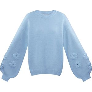 Lovely floral touch trui - nieuwe collectie - herfst/winter - gebreid - bloemen - pofmouwen - dames - blauw - maat L/XL