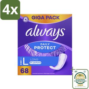 Always - Inlegkruisjes - Long - 0% Parfum - Voordeelverpakking - 68 Inlegkruisjes - Voordeelverpakking - 4 stuks - Inlegkruisjes zonder parfum - Langdurige bescherming