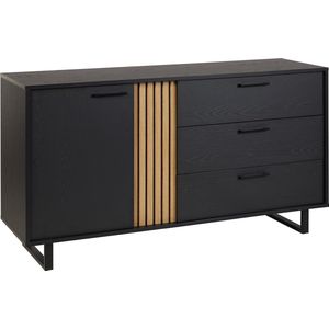 Dressoir Myron Zwart - Breedte 164 cm - Hoogte 88 cm - Diepte 50 cm - Met lades - Met planken - Met openslaande deuren