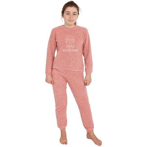 Cocodream velours meisjes pyjama - Hello Weekend - Warme winter pyjama - 176 - Creme