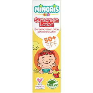 Minoris Baby Zonnebrandlotion SPF 50+ 150 ML| Biologisch, Natuurlijk & Minerale Inhoud | Zonnebescherming voor Gevoelige Huid | Hypoallergeen, Vegan, Rifvriendelijk, Waterbestendig, Breedspectrum, Dermatologisch Getest