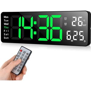 Digitale wandklok, radioklok met 33 cm groot display, digitale led-klok met afstandsbediening, countdown-dimmer, grote klok met datum, week, temperatuur (groen)