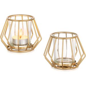 Geometrische theelichthouder metaal goud set van 2 - stompkaarsen - woonkamer decoratie - verjaardag vintage - tafeldecoratie