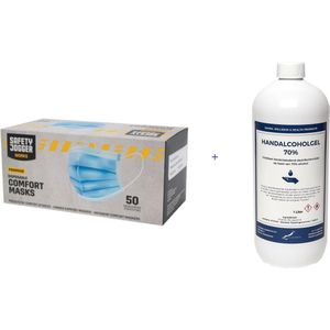 3 Laags Mondkapje - 50 stuks - Licht Blauw + Handgel met dop - 1 liter
