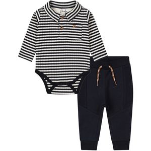 Dirkje - Basic Collection - BIO COTTON - Broekje jogging Navy met koord - Romper Shirt gestreept - Maat 62