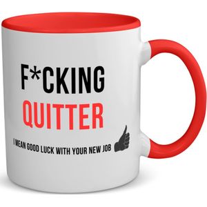 Akyol - fucking quitter i mean goodluck with your new job koffiemok - theemok Rood - Quotes - iemand die ontslag neemt - collega's - werknemers - verjaardagscadeau - verjaardag - cadeau - afscheidscadeau - geschenk - leuke cadeau - 350 ML inhoud