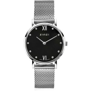 ZINZI Lady Crystal horloge zwarte wijzerplaat en kast stalen mesh band, witte crystals bij uuraanduiding, 28mm extra dun ZIW629M