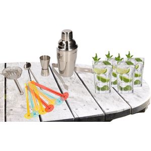 Cocktailshaker set RVS 6-delig inclusief 4x cocktailglazen 350 ml - Zelf cocktails maken