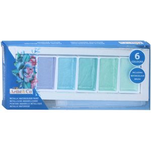 Metallic Waterverf Palet 6 kleuren voor kinderen en volwassenen - Waterverf Blauw/Groene kleuren Inclusief Brush Pen