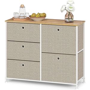 Commode box met 5 lades van stof dressoir TV box metalen opbergsysteem praktische organizer bijzettafel voor woonkamer slaapkamer hal keuken kantoor staal hout wit & beige