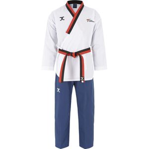 JCalicu poomsae taekwondopak poom jongen | WT | Wit / Blauw (Maat: 130)